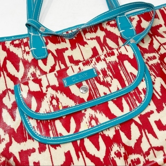 CLAVA Women’s WELLIE MARKET TOTE in Red Turquoise Ikat Print - Picture 4 of 7